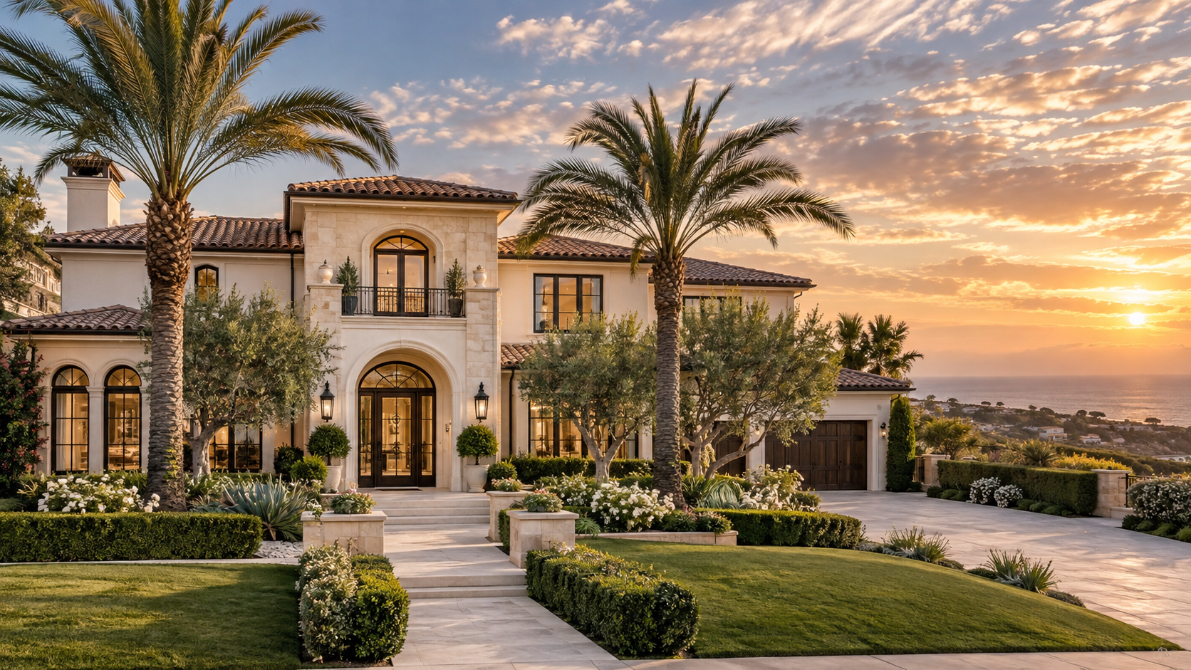 Luxury Southern California home with manicured landscaping, palm trees, and ocean views at sunset